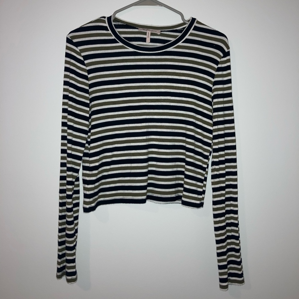 BCBGeneration Black, Green, and White Striped Long Sleeve Tee